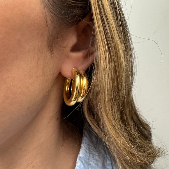 Double Hoop Chunky Gold Earrings - Textured 14K Gold Over Sterling Silver - Picture 3 of 5